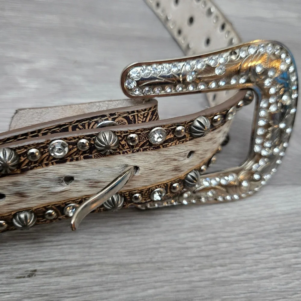Angel Ranch Brown Leather Belt Small Western Rhinestone Cowhide Studded Cowgirl